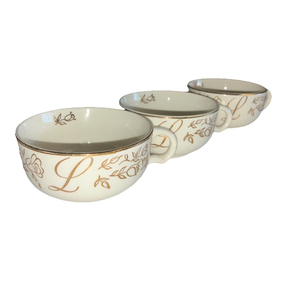 Vintage Tea Cups Bone Gold Monogram Initial Letter L Rose Set‎ Of 3
